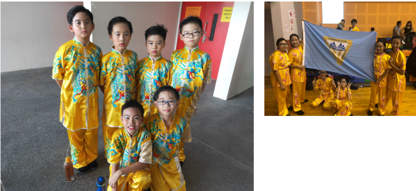 A montage of two pictures showing a group of primary school children dressed in yellow short sleeves costume with long pants with a sash tied to their waist, posing with their school flag.